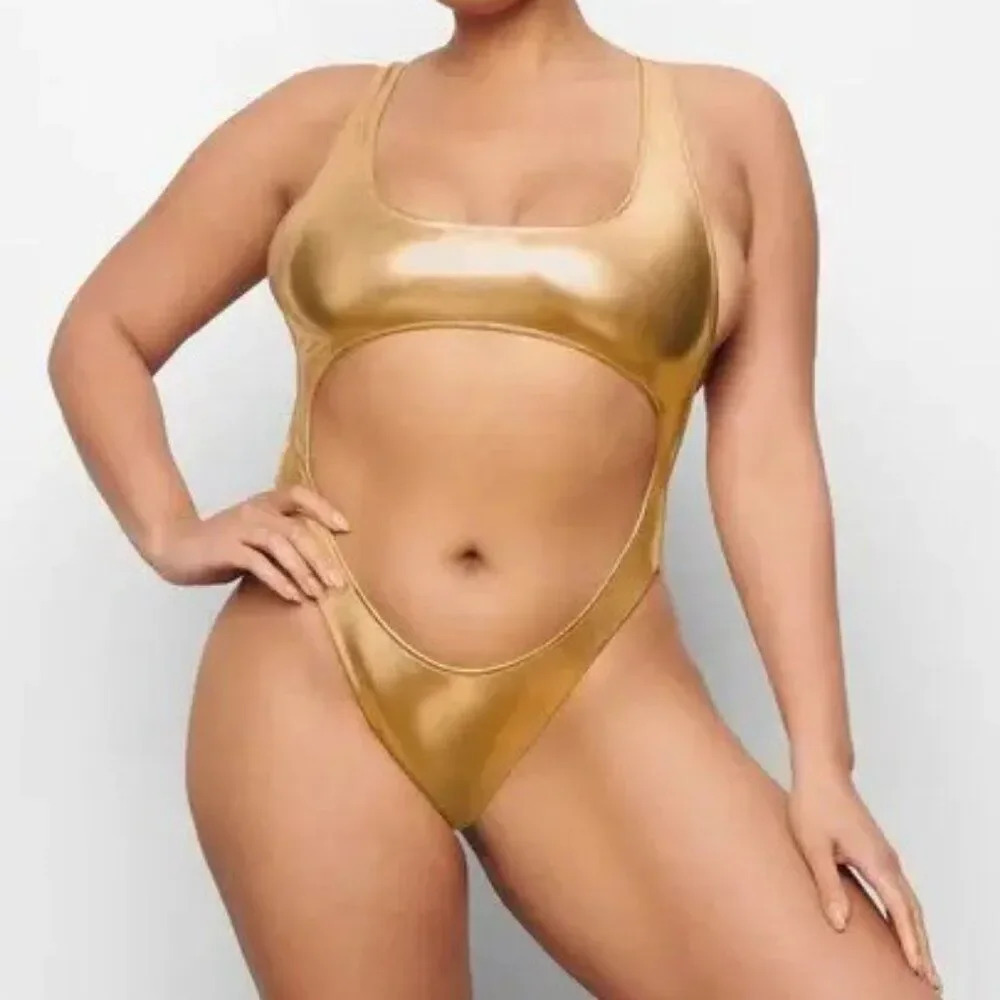 Skims Signature Swim Gold Cut Out Monokini Racerback One Piece Swimsuit Size 2X